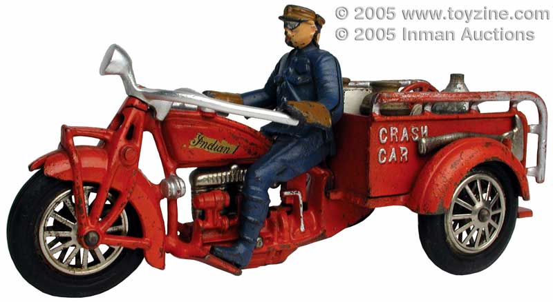 Hubley Indian Crash Car - Hubley 11&frac12;in cast-iron motorcycle complete with accessories, cans, axes, hose, reel and driver