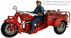 Hubley Indian Crash Car - Hubley 11½in cast-iron motorcycle complete with accessories, cans, axes, hose, reel and driver