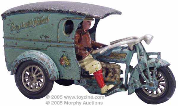 Hubley 1927 cast-iron Say It With Flowers delivery motorcycle