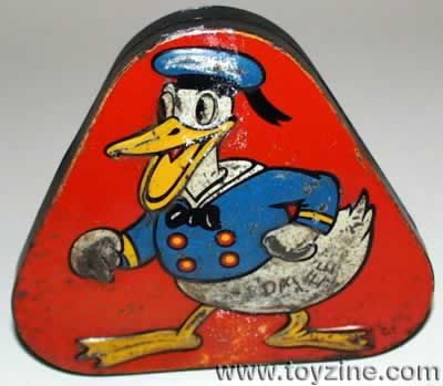 Disney 1930's Donald Duck tin, early looking long billed Donald wonderfully embossed in tin, rare
