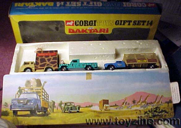 Corgi Toys Gift Set 14 DAKTARI - England - Approximately 1967. From the TV Program Daktari, this set contains a Ford transporter with 2 giraffes, a Land Rover with Tiger and Dr. Marsh, Tracy with Judy the Chimp, Paula with Clarence the Lion,