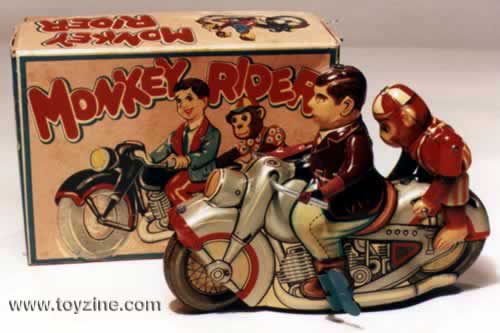MONKEY RIDER - TIN - WINDUP - JAPAN - 1950's, made by Kanto Toys Pat No 34354, all tin motorcycle, rider and monkey